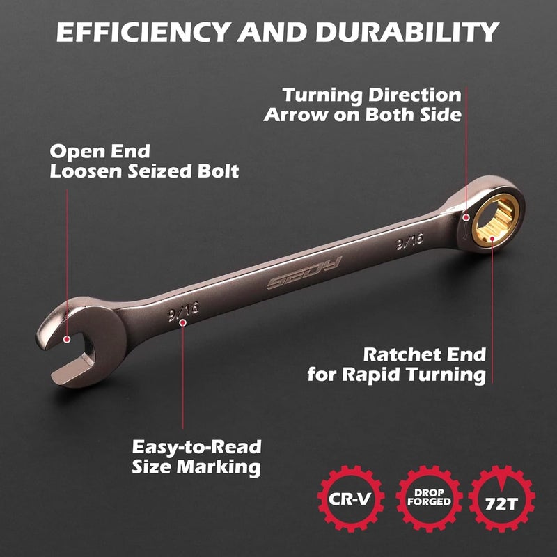 SEDY Premium 12-Piece SAE Ratchet Wrenches Set with Magnetic Organizer 1/4"-7/8", 72-Tooth Ratcheting Wrench Set, Cr-V Steel Ratchet Combination Wrench Set for Automotive, Machine Repair - Image 5
